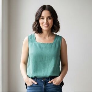 Kaliyana Sz M/L Linen Rayon Blue Sleeveless Relaxed Button Back Blouse